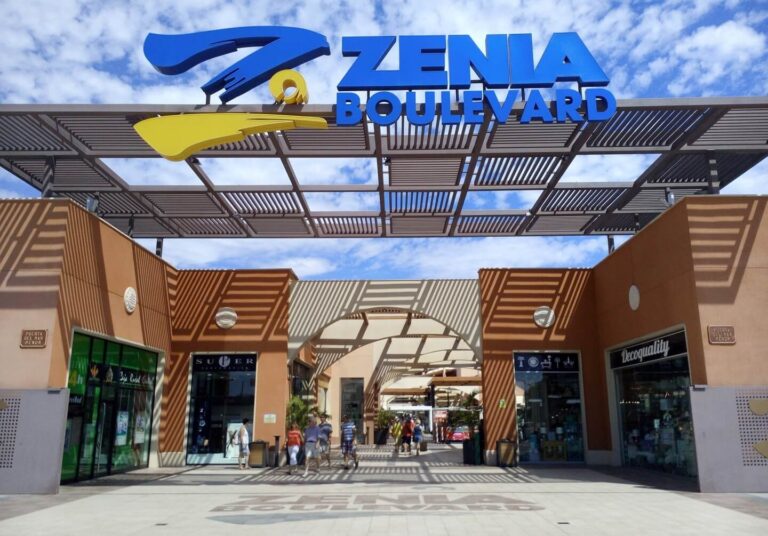 Main entrance to La Zenia Boulevard Shopping Center. Properties for sale with sea views.